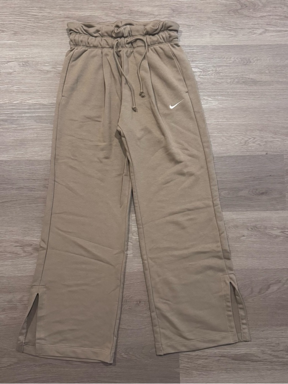Nike Women’s Tan Wide-Leg Drawstring Sweatpants with Swoosh